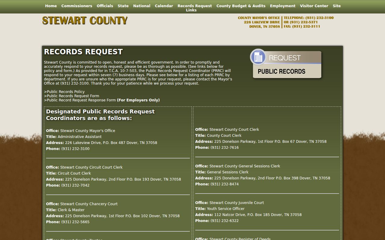 Stewart County warrant records public-record request contacts